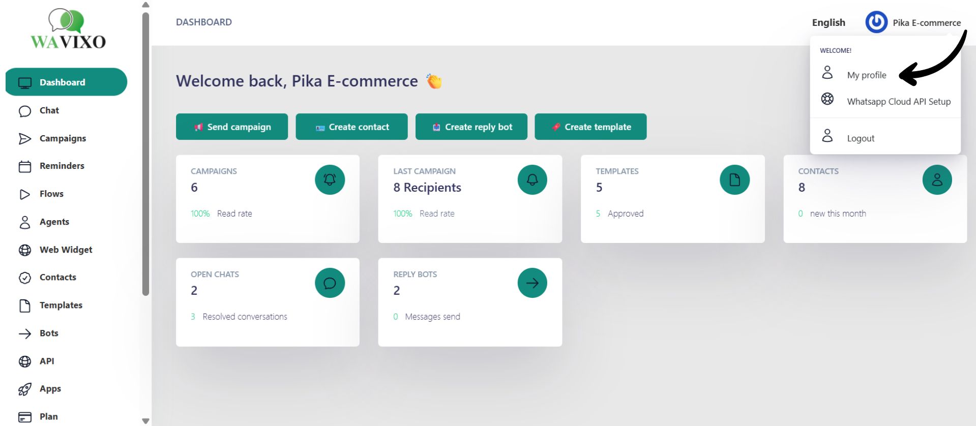 Open profile menu in Wavixo